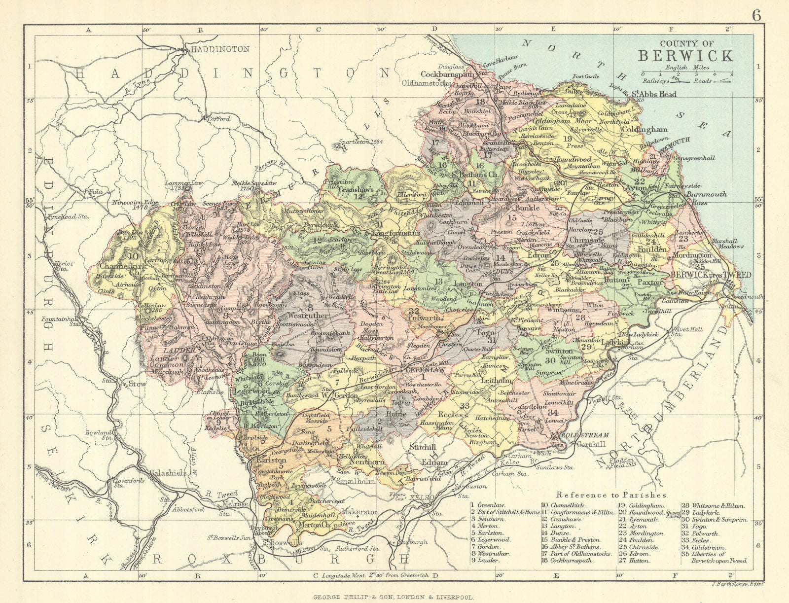 'County of Berwick'. Berwickshire. Parishes. BARTHOLOMEW 1888 old antique map